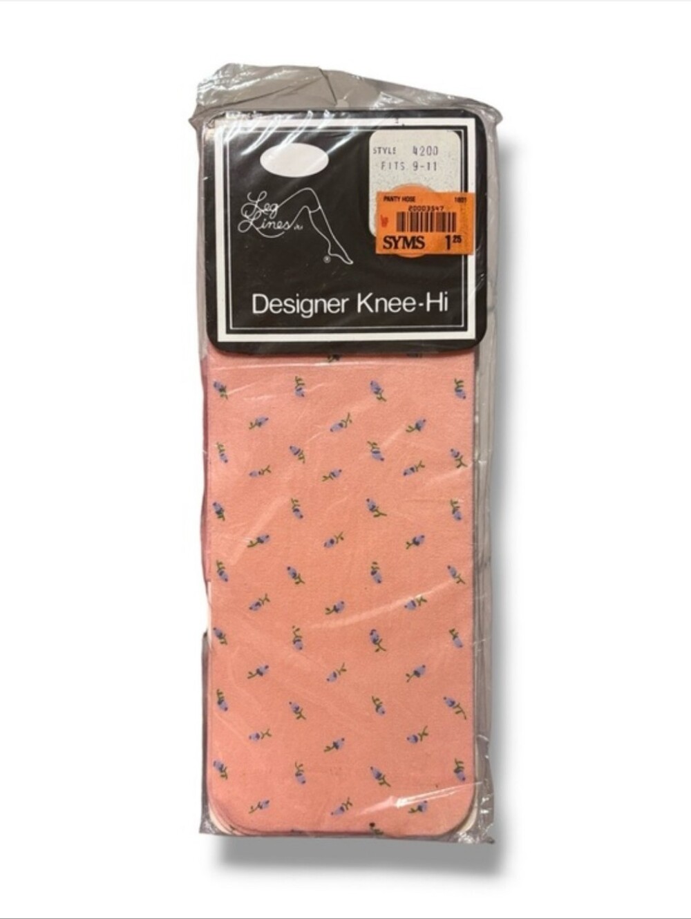 LEG LINES Designer Knee Highs Peach with Small Blue Flowers VINTAGE 1980s